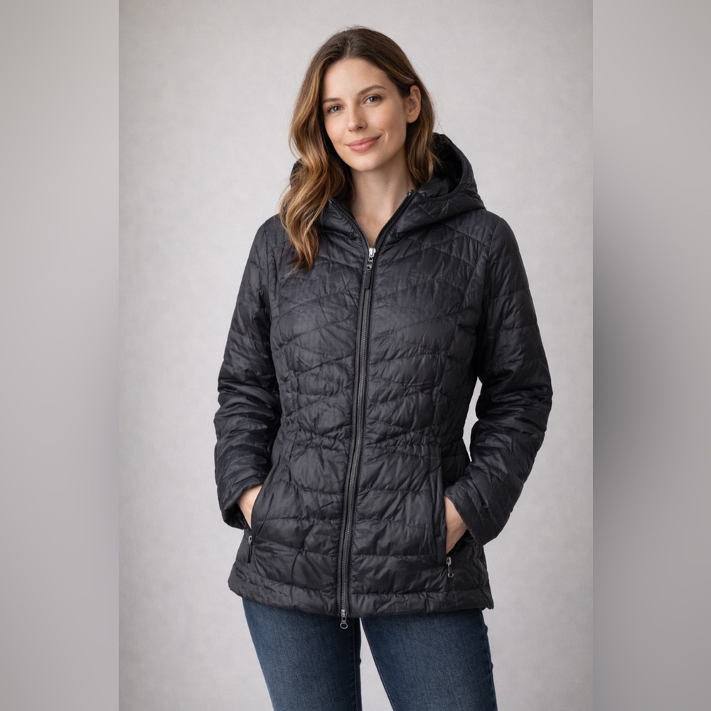 Athleta Quilted Goose Down Hooded Jacket – Black | Size S